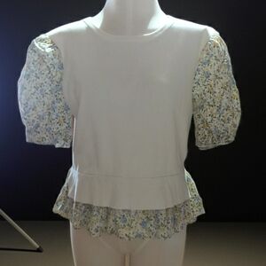 Anthropologie Cream Floral Puff Sleeve Blouse